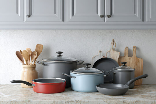 create stunning d rendering of modern kitchen scene showcasing various cookware items including pots and pans