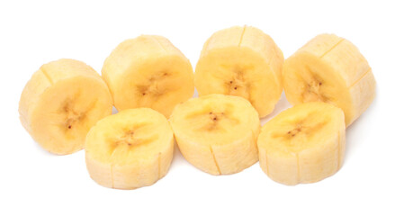 Bananas rings cut isolated on white background. Pieces, tropical fruit. Sliced. Flat lay, top view