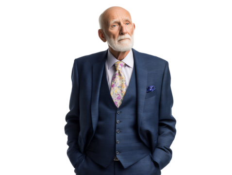 Elegant senior executive in a tailored blue suit gazes off into the distance on a transparent background, concept for leadership profile, corporate governance and legacy planning on a transparent
