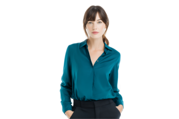 confident Smiling mature Caucasian female marketing manager in teal blouse on a transparent background concept for leadership presentation, executive communication and promotional material