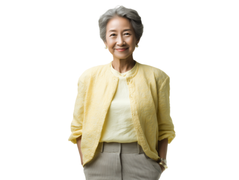 Elegant mature woman in yellow cardigan poses on a transparent background, concept for lifestyle portrait, financial planning, and retirement services presentation - Powered by Adobe