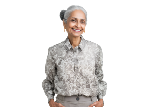 Smiling elderly South Asian female senior businesswoman with hands in pockets on a transparent background, concept for professional portraits, personal branding, and advertising campaigns