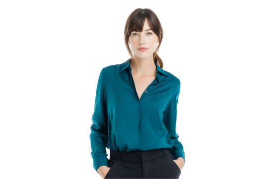 confident Smiling mature Caucasian female marketing manager in teal blouse on a transparent background concept for leadership presentation, executive communication and promotional material - Powered by Adobe