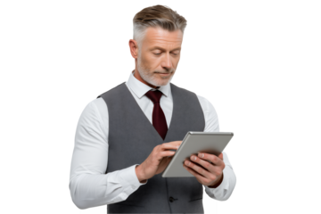 Mature Hispanic male accountant holds a tablet in his hands against a dark background on a transparent background, concept for financial analysis, professional communication and executive management.