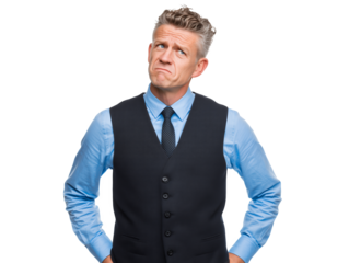 Thoughtful middle aged financial analyst in suit looking up on a transparent background, concept for business strategy, problem solving and leadership challenge