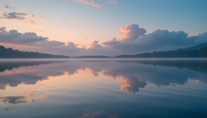 Fototapeta premium Pastel clouds reflecting in a quiet lake at dawn