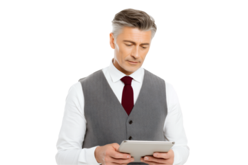 Elegant senior executive holding tablet on a transparent background, concept for financial planning presentation, investment strategy and corporate communication