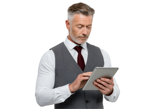 Mature Hispanic male accountant holds a tablet in his hands against a dark background on a transparent background, concept for financial analysis, professional communication and executive management.