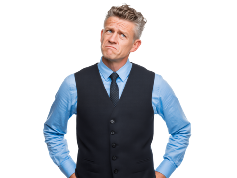 Thoughtful middle aged financial analyst in suit looking up on a transparent background, concept for business strategy, problem solving and leadership challenge