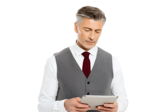 Elegant senior executive holding tablet on a transparent background, concept for financial planning presentation, investment strategy and corporate communication