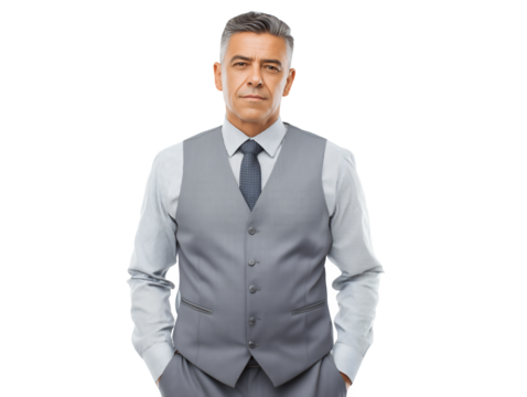 Waist-up portrait of a confident middle-aged businessman in a gray suit on a transparent background, concept for corporate leadership strategy, executive management consultation and investment