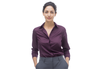 Confident mature Middle Eastern businesswoman in purple silk shirt against a transparent background, concept for leadership promotion, executive presentation and corporate communication
