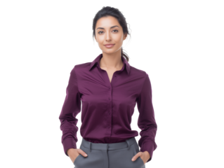 Portrait of a smiling young mature Middle Eastern businesswoman wearing a purple blouse on a transparent background concept for professional headshots corporate presentations and business profiles