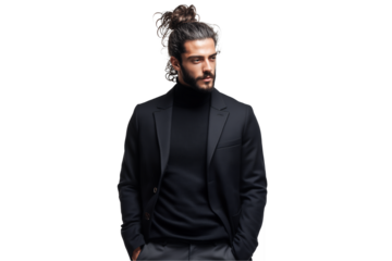 Stylish Middle Eastern man with a beard and hair tied in a bun posing on a transparent background, concept for fashion editorial, marketing campaign and men's lifestyle advertisement