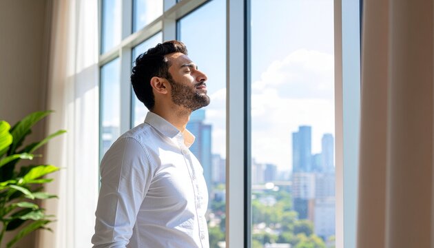 Middle Eastern man standing near an open window, taking a breath of fresh air to reset and refresh during a workday break