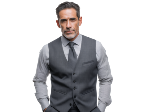 Serious male manager posing in gray suit and tie on a transparent background, concept for financial services presentation, leadership representation and executive portraits