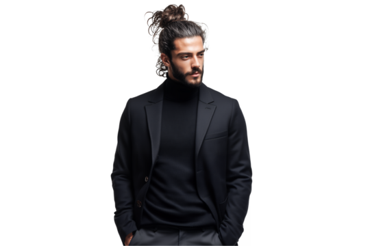 Stylish Middle Eastern man with a beard and hair tied in a bun posing on a transparent background, concept for fashion editorial, marketing campaign and men's lifestyle advertisement - Powered by Adobe