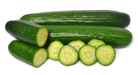 Cucumber whole and cut rings isolated on white background