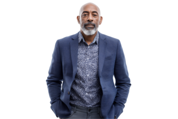 confident mature African American male marketing director on a transparent background concept for executive profile, leadership presentation and motivational speaker showcase