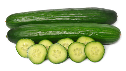 Cucumber whole and cut rings isolated on white background