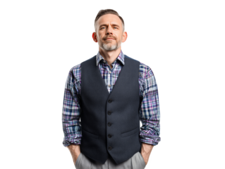 Stern executive manager portrait with hands in pockets on a transparent background concept for business communication presentations investor pitch decks and negotiation scenarios