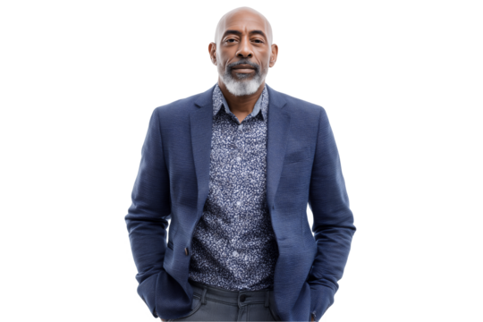 confident mature African American male marketing director on a transparent background concept for executive profile, leadership presentation and motivational speaker showcase