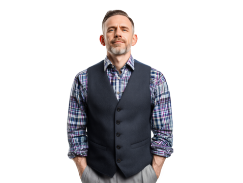 Stern executive manager portrait with hands in pockets on a transparent background concept for business communication presentations investor pitch decks and negotiation scenarios