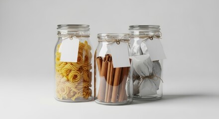 Pantry Staples Glass Jars with Pasta Cinnamon Sticks and Gift Wraps Kitchen Organization Minimalist Decor Culinary Art