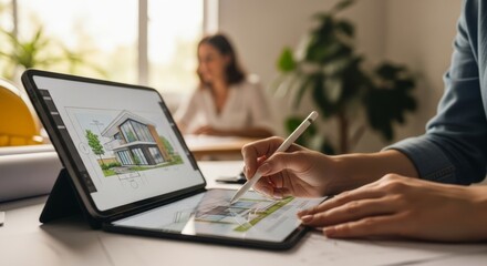 Architect s Vision Digital Home Design with Interactive Tablet Modern House Creativity Teamwork Planning and