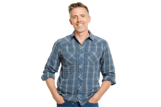 Smiling confident Caucasian entrepreneur poses with hands in pockets against a transparent background, concept for executive profile, corporate communication and professional headshots