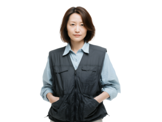 middle-aged Asian female quality control supervisor wearing a vest with hands in pockets on a transparent background, concept for field worker apparel, construction uniform and corporate presentation