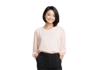 middle-aged East Asian female team supervisor in a pink blouse and black pants on a transparent background, concept for corporate presentation, executive profile and business website