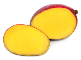 Two halves of mango in a cut isolated on white background. Juice, healthy vegetarian food