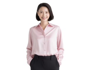 Waist up portrait of a smiling Asian female project manager in pink shirt on a transparent background, concept for corporate profile, executive representation and recruitment campaign