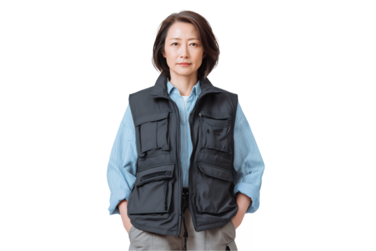 middle-aged Asian female building inspector with hands in pockets on a transparent background, concept for construction safety guidance, infrastructure maintenance and urban planning
