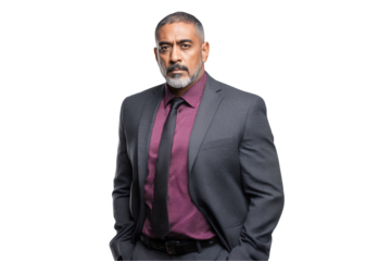 Serious middle-aged Indian male manager posing with hands in pocket wearing suit on a transparent background, concept for leadership profile, corporate presentation and executive portrait