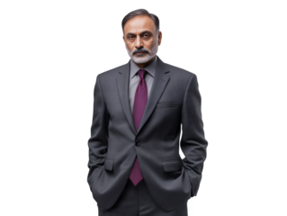 mature Indian male executive in a grey suit standing against a transparent background, concept for leadership promotion, financial expertise and corporate communications