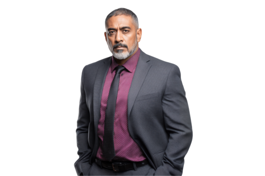 Serious middle-aged Indian male manager posing with hands in pocket wearing suit on a transparent background, concept for leadership profile, corporate presentation and executive portrait
