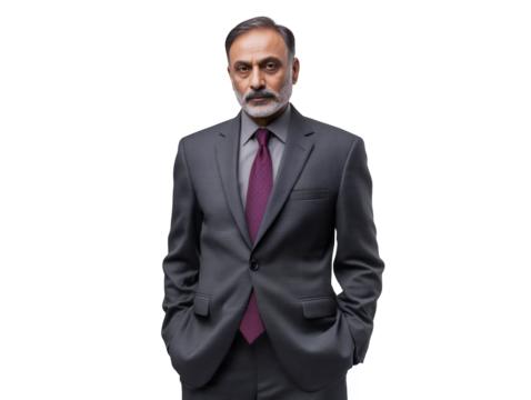 mature Indian male executive in a grey suit standing against a transparent background, concept for leadership promotion, financial expertise and corporate communications