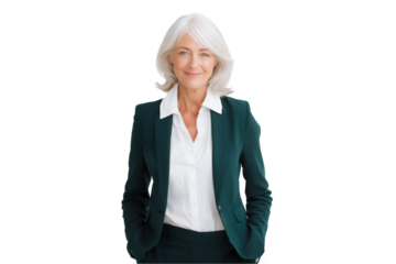 Smiling senior female executive in stylish green suit, isolated on a transparent background, concept for leadership presentation, executive profile and corporate communications material