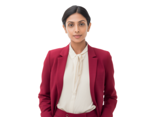 Portrait of a poised Indian HR director in a red suit against a transparent background concept for corporate leadership coaching diversity training and executive development program