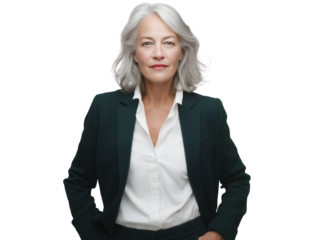 Portrait of a senior Caucasian female CEO in formal attire on a transparent background, concept for executive leadership, corporate finance, and motivational speaker