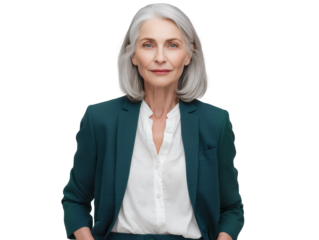 Elegant portrait of a mature female senior manager in green blazer and white blouse on a transparent background, concept for executive profile, corporate communication and financial services image