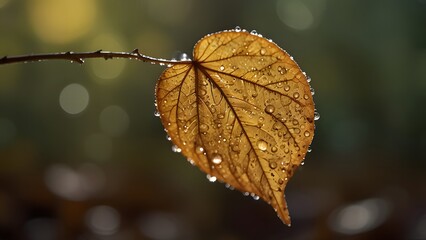 Obraz premium A macro shot of a golden-brown leaf caught mid-fall, detailed with delicate veins and droplets of morning dew, set against a softly lit, out-of-focus woodland backdrop with warm autumn tones.