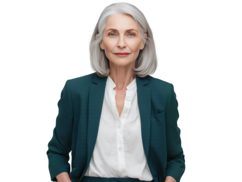 Elegant portrait of a mature female senior manager in green blazer and white blouse on a transparent background, concept for executive profile, corporate communication and financial services image