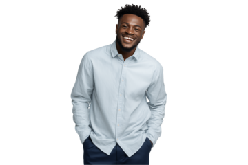 Portrait of a cheerful Black professional with a light blue shirt on a transparent background, concept for business leadership, corporate communication and positive employee engagement