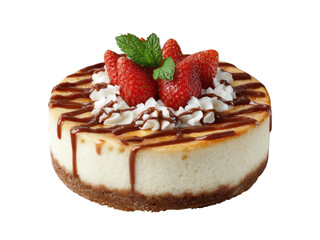 Creamy cheesecake topped with fresh strawberries whipped cream and chocolate drizzle strawberry dessert, Png Transparent, Isolated on White