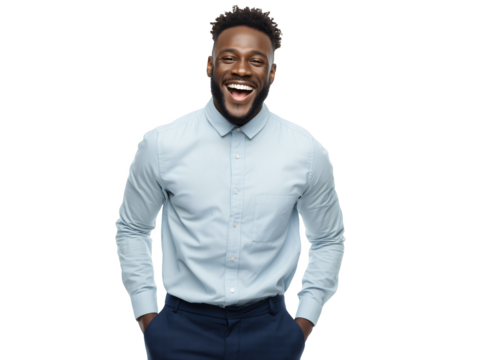 Joyful African American manager laughing with his hands in pockets on a transparent background concept for leadership development, workplace wellbeing and business achievement