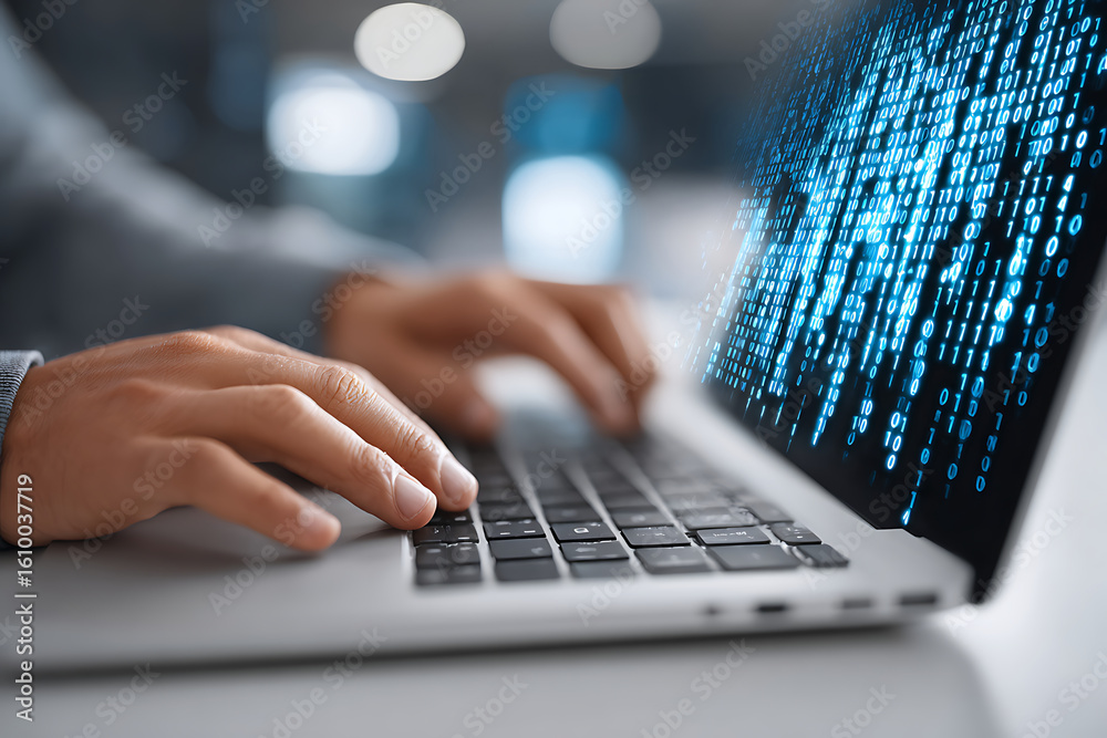 Poster expert software developer typing code on a laptop with digital data visualization in a modern worksp