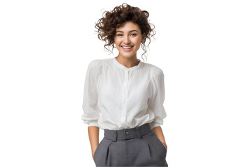 Smiling female project manager with curly hair, wearing a white shirt and gray pants on a transparent background, concept for professional portrait, business profile and personal branding